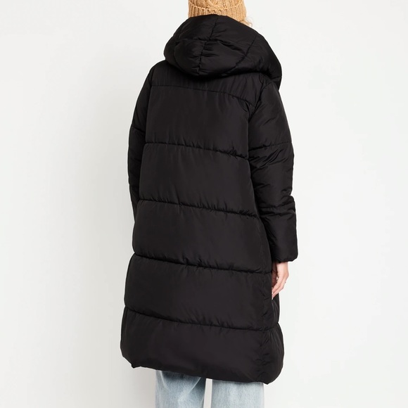 NWT OLD NAVY Water-Resistant Long Hooded Puffer Coat Color: Black Jack - Picture 2 of 5